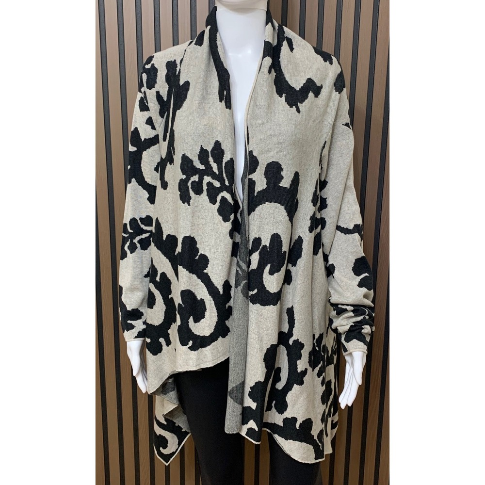Peruvian Connection Pima Cotton Open Front Cardigan Gray Black XL Floral Damask
